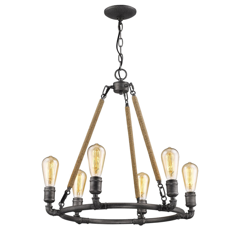 Grayson 6-Light Antique Gray Chandelier With Jute Wrapped Uprights