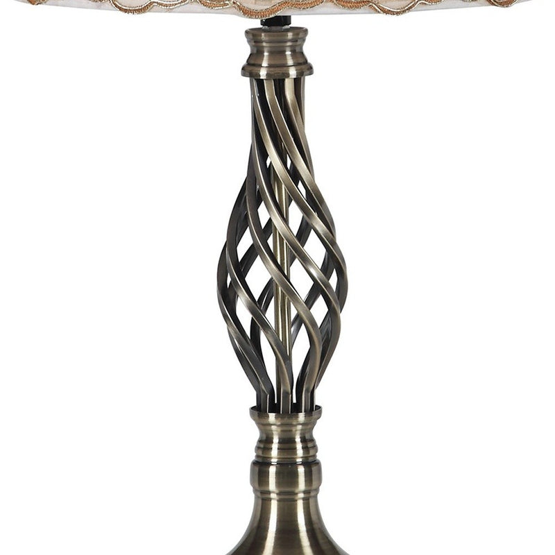 23" Antiqued Brass Metal Table Lamp With White And Brown Classic Empire Shade