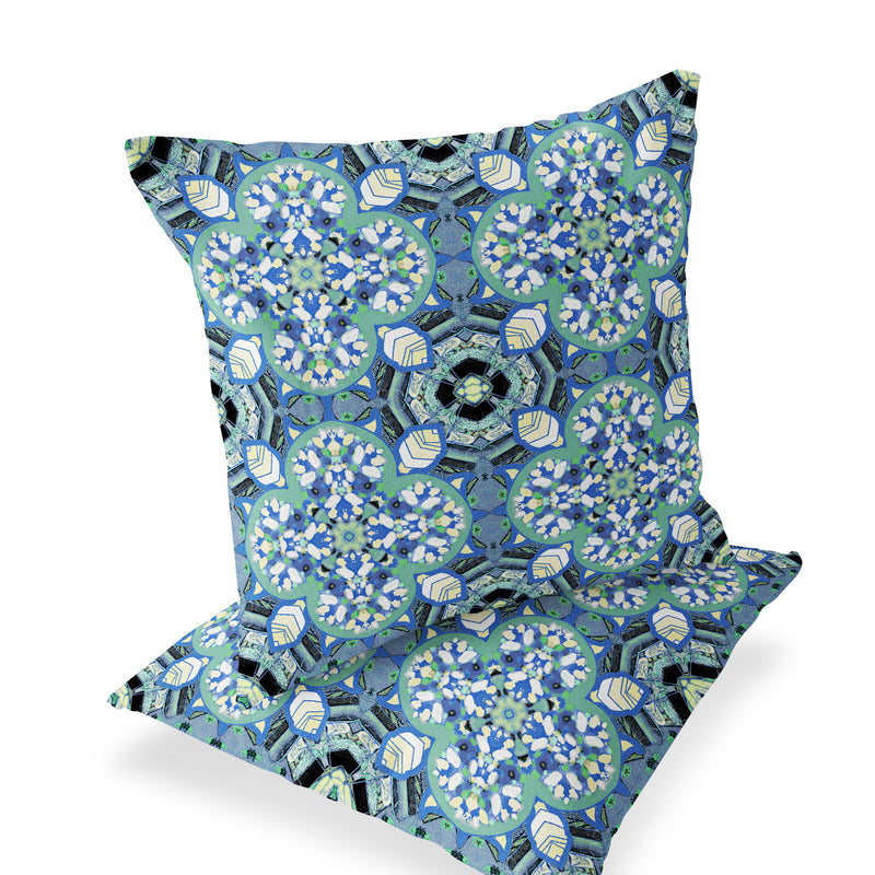 Set of Two 16" X 16" Blue and Black Blown Seam Floral Indoor Outdoor Throw Pillow