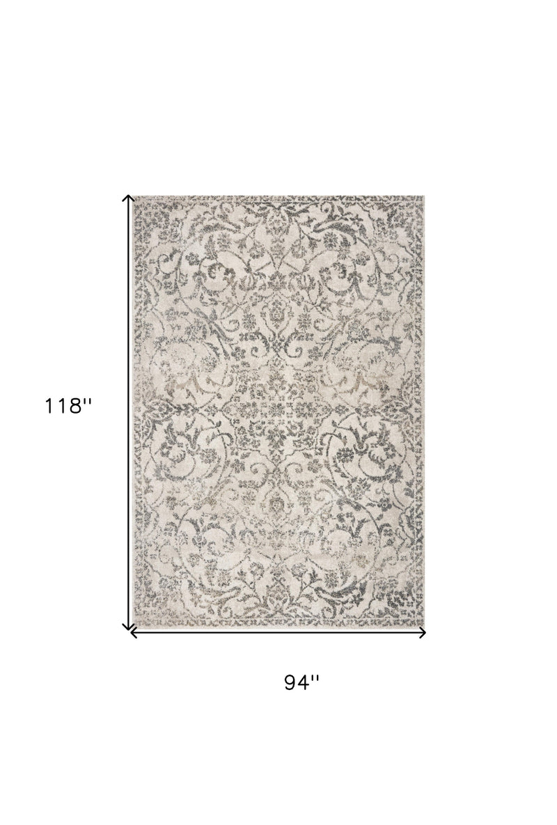 9'X13' Ivory Machine Woven Distressed Floral Vines Indoor Area Rug