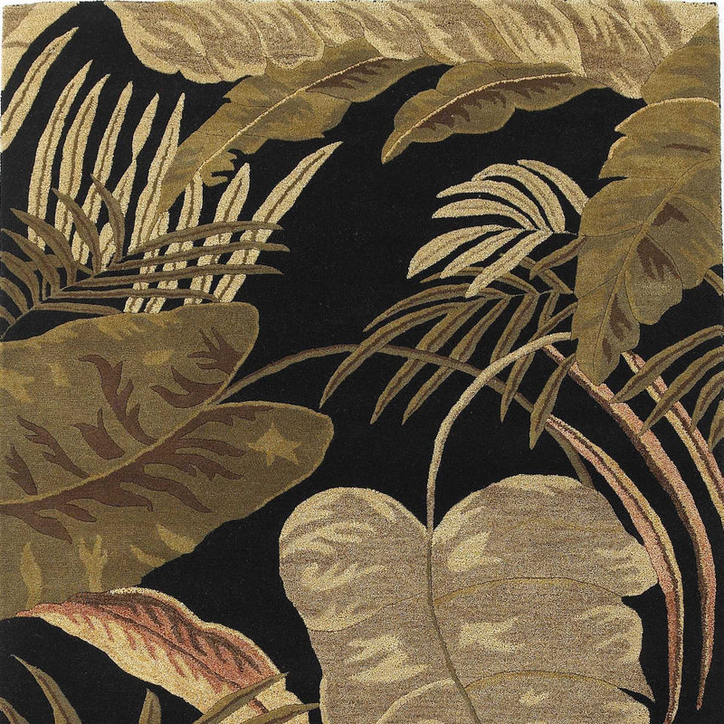 8' Midnight Black Hand Tufted Tropical Leaves Round Indoor Area Rug