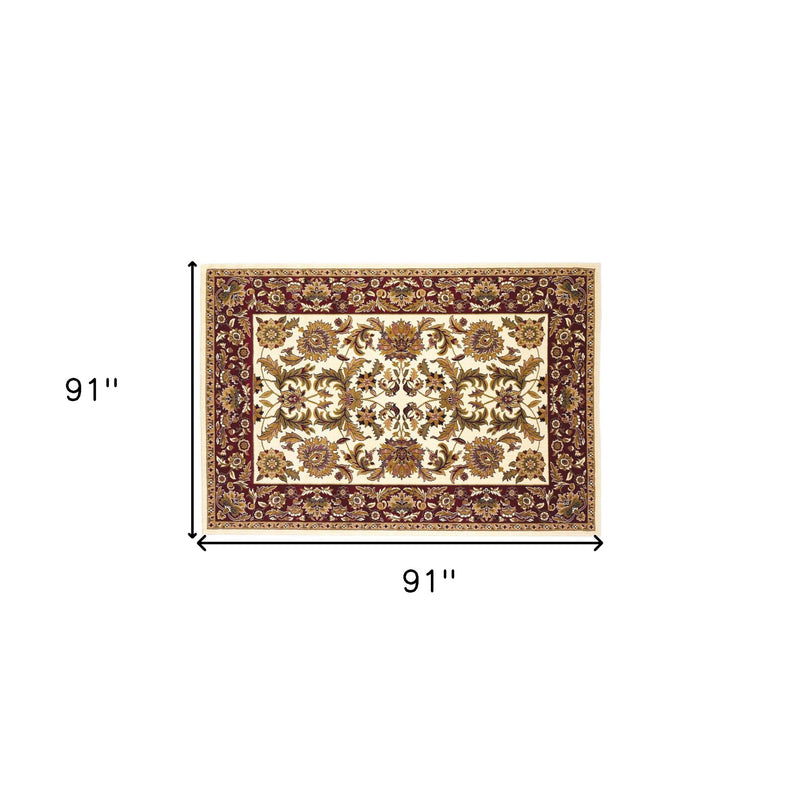 8' Ivory And Red Octagon Floral Vines Area Rug