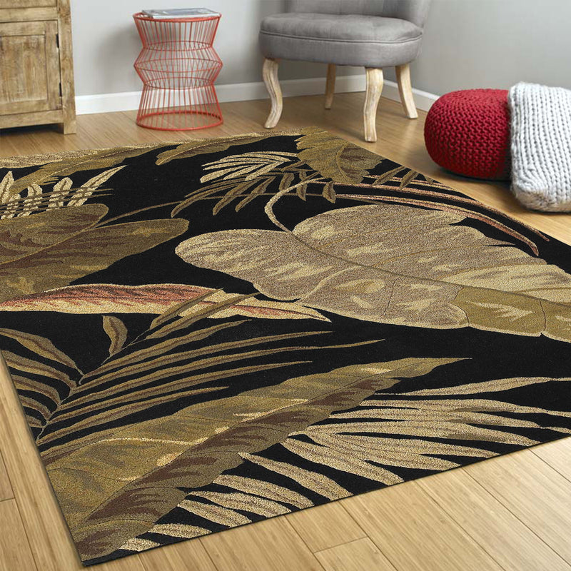 8' Midnight Black Hand Tufted Tropical Leaves Round Indoor Area Rug