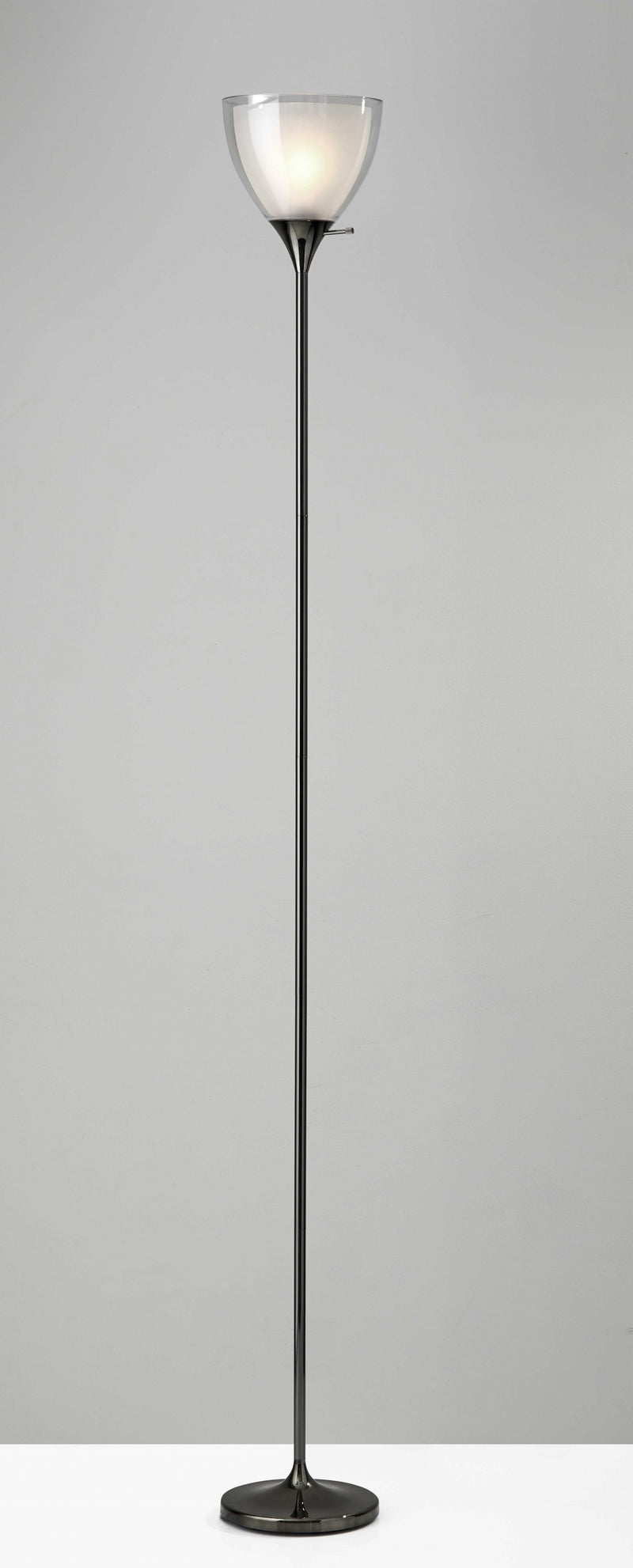 Shiny Black Nickel Finish Metal Torchiere Floor Lamp With Frosted Inner Shade