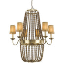 Anastasia 12-Light Antique Gold Leaf Chandelier With Wooden Beaded Chains And Gold Fabric Shades