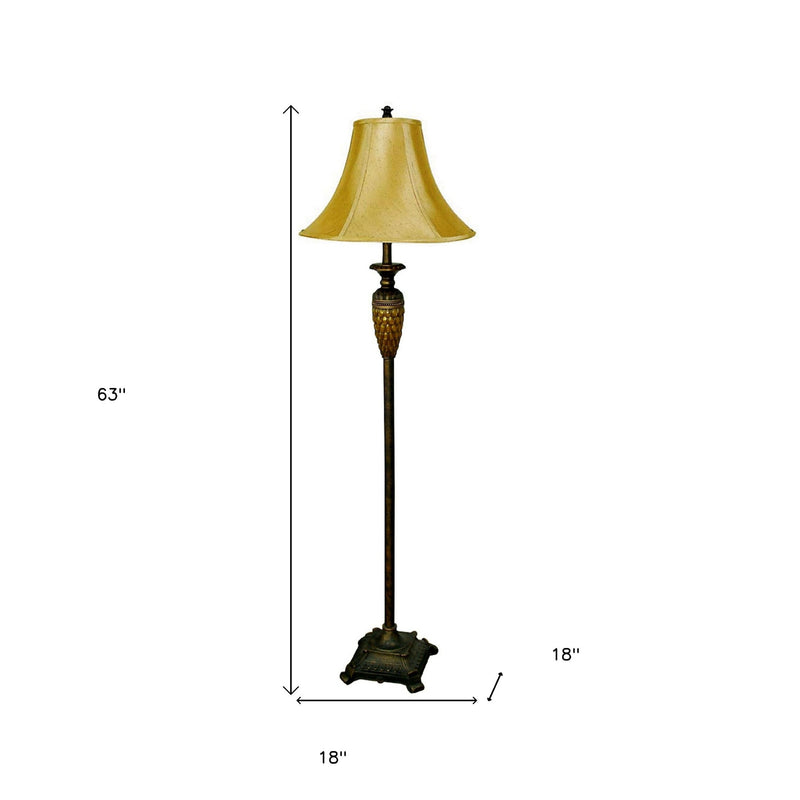 63" Brown And Gold Traditional Floor Lamp With Gold Bell Shade