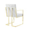 Set of Two Tufted White and Gold Upholstered Faux Leather Dining Arm Chairs