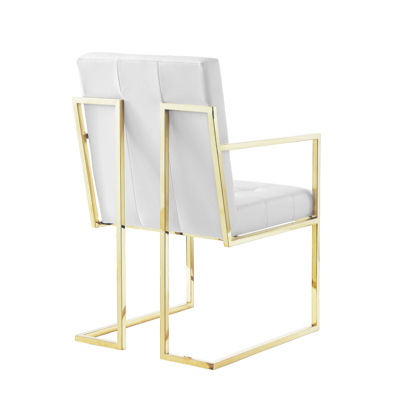 Set of Two Tufted White and Gold Upholstered Faux Leather Dining Arm Chairs