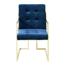 Set of Two Tufted Navy Blue and Gold Upholstered Velvet Dining Arm Chairs