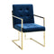 Set of Two Tufted Navy Blue and Gold Upholstered Velvet Dining Arm Chairs