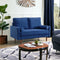 57" Blue and Dark Brown Velvet Love Seat and Toss Pillows