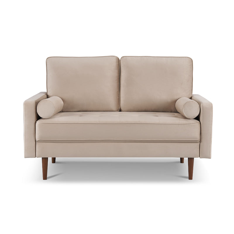 57" Beige and Dark Brown Velvet Love Seat and Toss Pillows