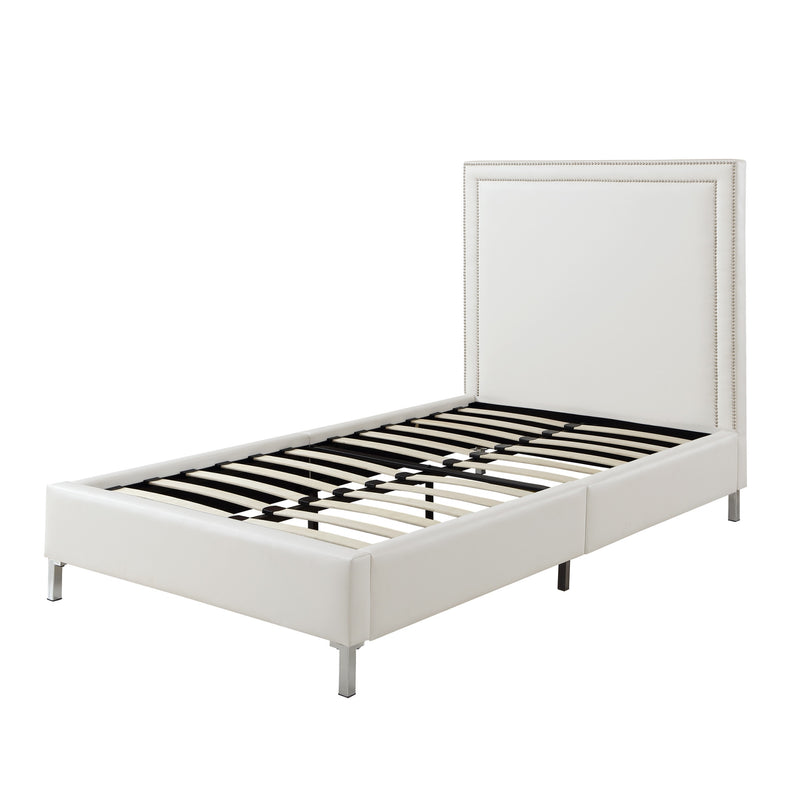 White Solid Wood Twin Upholstered Faux Leather Bed with Nailhead Trim
