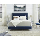 Navy Blue Solid Wood Queen Upholstered Velvet Bed with Nailhead Trim