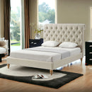 Beige Solid Wood Queen Tufted Upholstered Linen Bed with Nailhead Trim