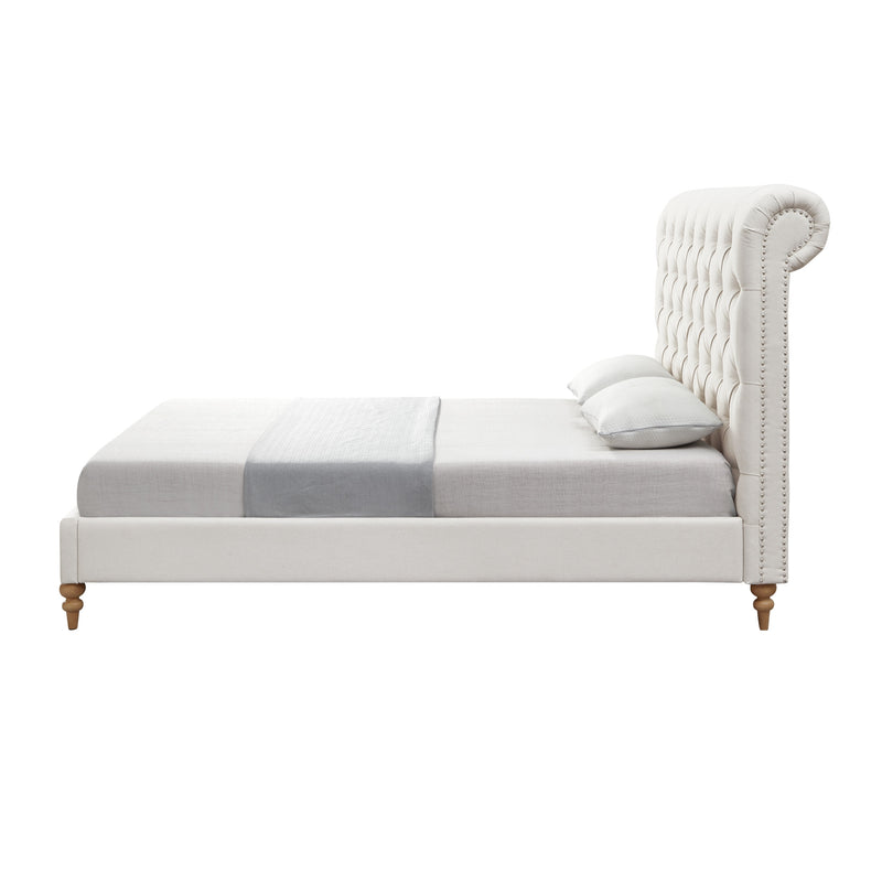 Cream Solid Wood Queen Tufted Upholstered Linen Bed with Nailhead Trim