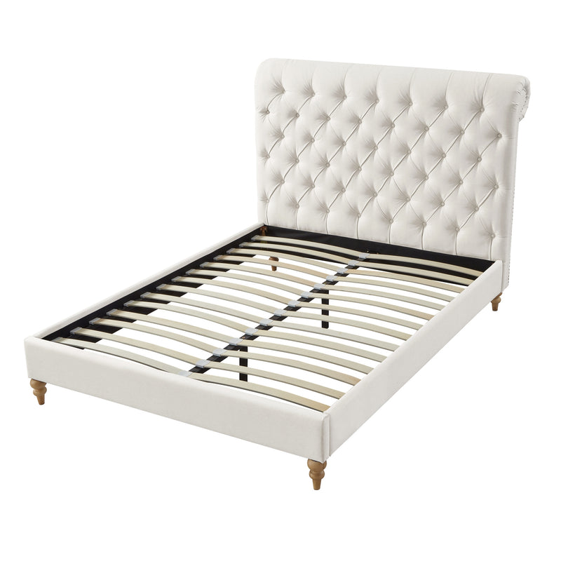 Cream Solid Wood Queen Tufted Upholstered Linen Bed with Nailhead Trim