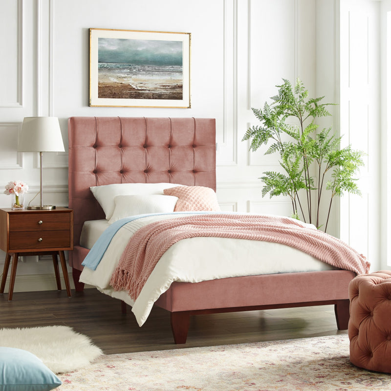 Blush Solid Wood Full Tufted Upholstered Velvet Bed