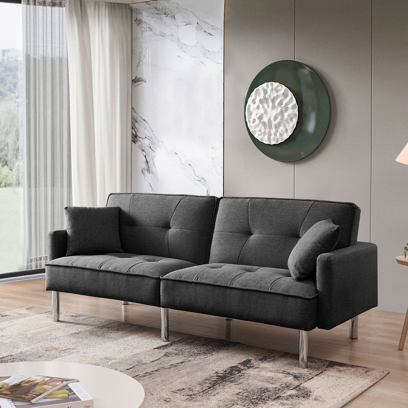 85" Dark Gray Polyester Blend and Silver Convertible Futon Sleeper Sofa and Toss Pillows
